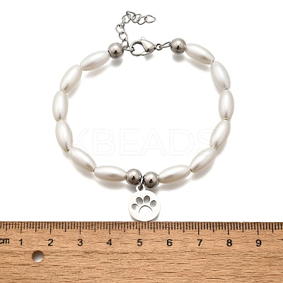 304 Stainless Steel Flat Round with Paw Print Charm Bracelets for Women BJEW-C098-11P-1