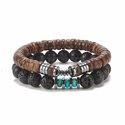 2Pcs 2 Style Natural Coconut & Gemstone Stretch Bracelets Set BJEW-JB07938-1