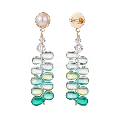Glass Beaded Leaf Long Dangle Stud Earrings with Imitation Pearl EJEW-TA00140-1