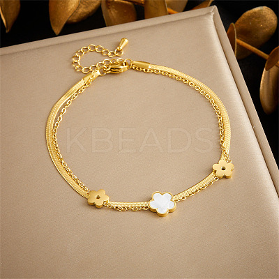 304 Stainless Steel Pave Natural Shell Charm Double Layer Anklets for Women FS-WGA3011-03-1