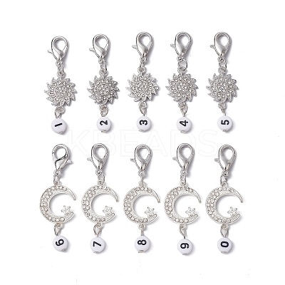 10Pcs 10 Style Moon Sun Alloy Rhinestone Pendant Locking Stitch Markers with Acrylic Number HJEW-JM01482-1