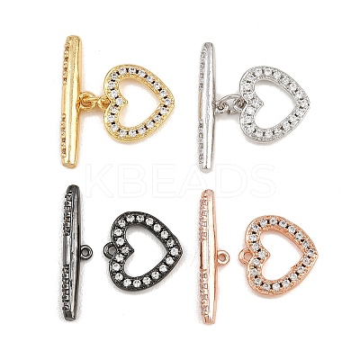 Heart Brass Micro Pave Clear Cubic Zirconia Toggle Clasps KK-G548-37-1