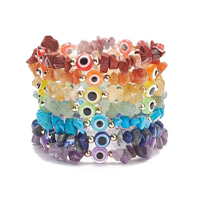 7Pcs Natural & Synthetic Mixed Gemstone Chips & Resin Evil Eye Beaded Stretch Bracelets Set BJEW-JB08814-1