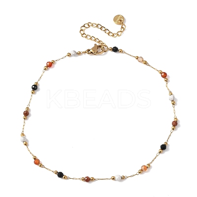 Natural Agate & Howlite & Synthetic Goldstone Faceted Round Bead 304 Stainless Steel Cable Chain Anklets for Women AJEW-G072-01G-1