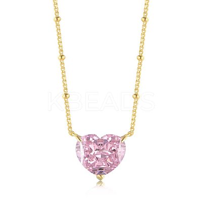 Heart 925 Sterling Silver Pave 8A Pink Cubic Zirconia Pendant Satellite Chain Necklaces for Women NJEW-F330-01G-1