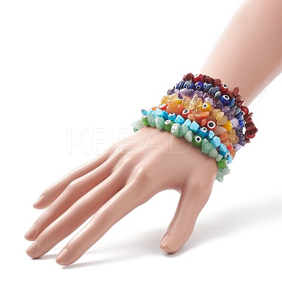 7Pcs 7 Style Natural & Synthetic Mixed Gemstone Chips & Lampwork Evil Eye Stretch Bracelets Set for Women BJEW-JB08746-1