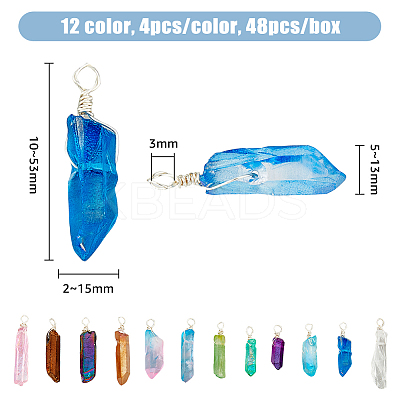 48Pcs 12 Colors Electroplated & Dyed Natural Quartz Crystal Pendants PALLOY-AB00093-1