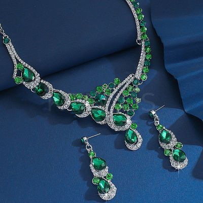 Teardrop Alloy Rhinestone Bib Necklaces & Stud Earring Sets for Women FS-WG2AA93-01-1
