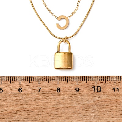 304 Stainless Steel Luck Lock Pendant Double Layer Necklaces for Women NJEW-F346-08G-1