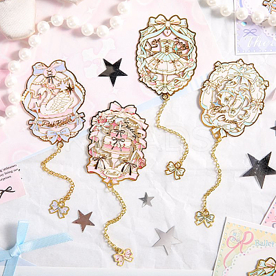 4Pcs 4 Styles Ballet Theme Brass & Iron Enamel Bookmarks with Chain and Bowknot Charms AJEW-SP0002-24-1