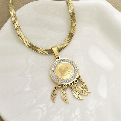 201 Stainless Steel Clear Cubic Zirconia Flat Round Virgin with Feather Pendant Necklaces NJEW-H055-02G-1
