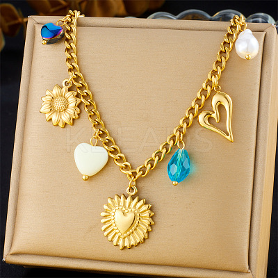 304 Stainless Steel & Imitation Pearl & Glass Flower Pendant Bib Necklaces for Women FS-WG17725-03-1