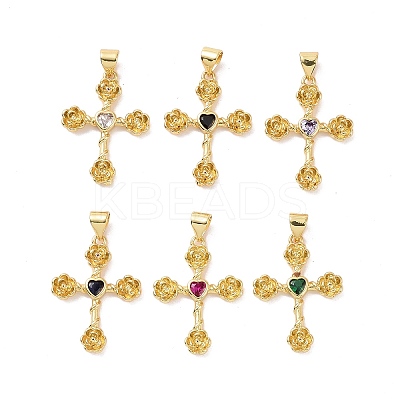 Cross with Flower Brass Micro Pave Cubic Zirconia Pendants KK-G435-06G-1