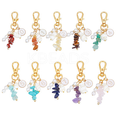 10Pcs 10 Styles Natural & Synthetic Gemstone Chip & Flat Round with Number 0~9 Alloy Enamel Pendant Decorations HJEW-GO00102-1