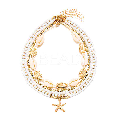 Bohemian Style Alloy Starfish Pendant Glass Seed Beads Natural Shell Beaded Multi Layered Necklaces FS-WG079D7-01-1