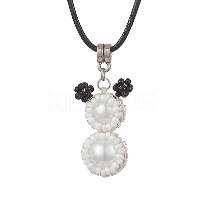 Glass Seed Beads & Glass Pearl Round Beaded Bear Pendant Waxed Cotton Cord Necklaces for Women Men NJEW-MZ00126-01-1