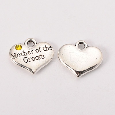 Wedding Theme Antique Silver Tone Tibetan Style Alloy Heart with Mother of the Groom Rhinestone Charms TIBEP-N005-17D-1
