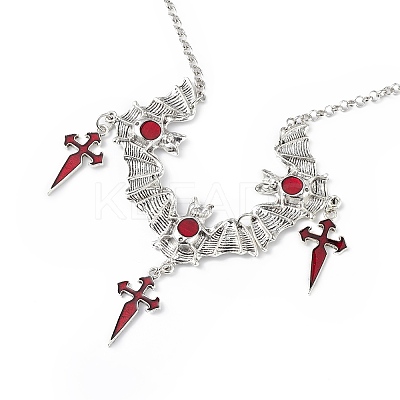 FireBrick Enamel Bat with Cross Pendant Necklace & Dangle Earrings SJEW-G081-03AS-1