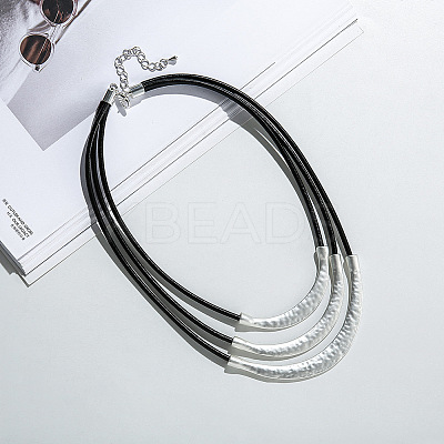 Alloy Curved Tube Black Cowhide Cord 3 Layer Necklaces for Women FS-WG33DA7-01-1