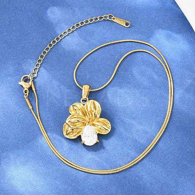 304 Stainless Steel Pave Clear Cubic Zirconia Flower Pendant Necklaces NJEW-H088-04G-1