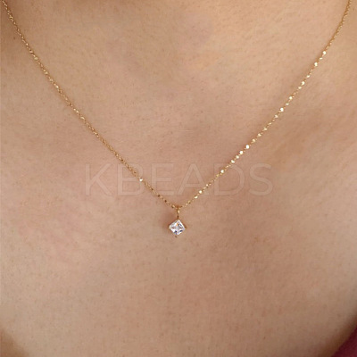 Rhombus 304 Stainless Steel Pave Clear Cubic Zirconia Pendant Necklaces FS-WG09C14-01-1