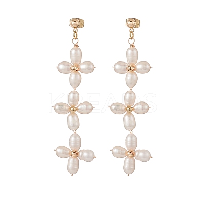 Natural Pearl Flower Long Dangle Stud Earrings EJEW-JE05208-1