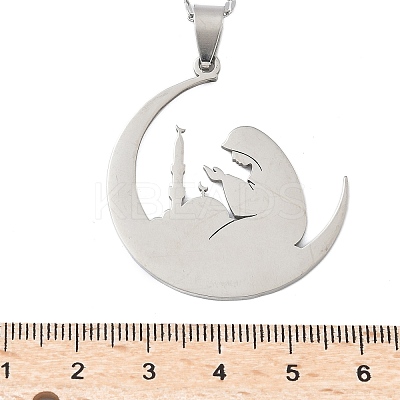 201 Stainless Steel Moon with Woman Pendant Necklaces for Ramadan & Eid Mubarak NJEW-D318-02P-1