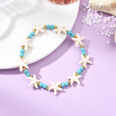 Synthetic Turquoise & Brass Beads Stretch Bracelets for Women Men BJEW-JB13877-03-1