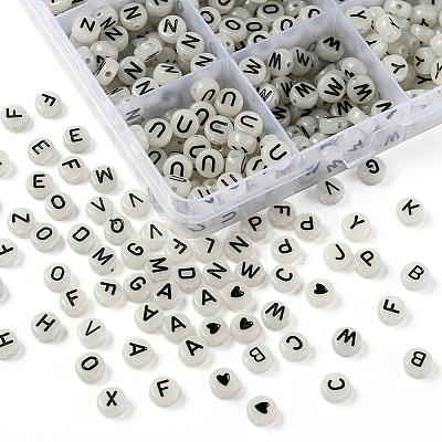 27 Style Flat Round with Black Letter & Heart Acrylic Luminous Beads SACR-YW0001-37-1