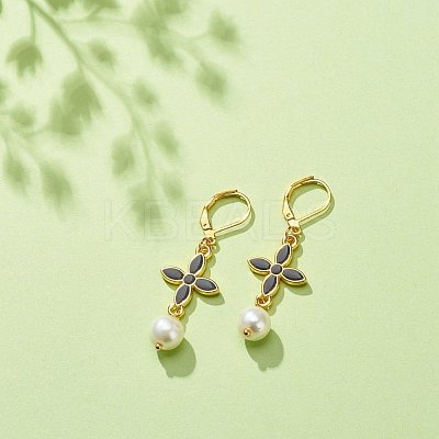 Alloy Enamel Clover with Glass Pearl Long Dangle Leverback Earrings EJEW-JE05053-02-1