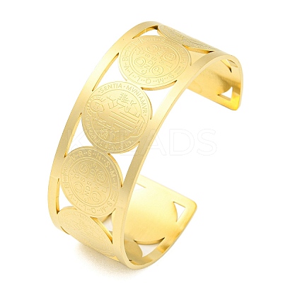 304 Stainless Steel Wide Hollow Saint Benedict Medal Open Cuff Bangles LS-BJEW-S154-01G-1