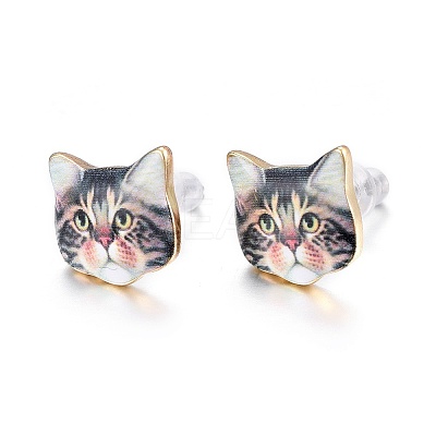 Real 14K Gold Plated Alloy Kitten Stud Earrings EJEW-G148-01G-06-1