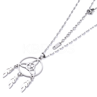 Non-Tarnish Triquetra/Trinity Knot with Woven Net/Web with Feather Pendant Necklaces NJEW-C042-03P-1