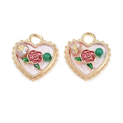 Brass Enamel & Natural Pearl Heart with Rose Flower Pendants KK-K351-49G-01-1