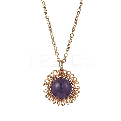 Natural Amethyst Copper Wire Wrapped Flower Pendant 304 Stainless Steel Cable Chain Necklaces for Women NJEW-JN05616-01-1