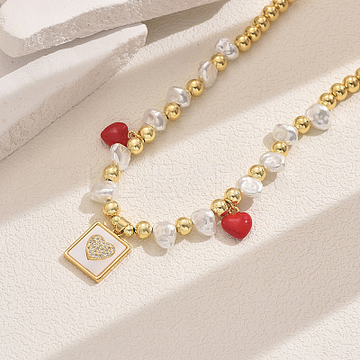 Elegant Brass & Imitation Pearl Heart Square Bib Necklaces for Women YJ5176-1