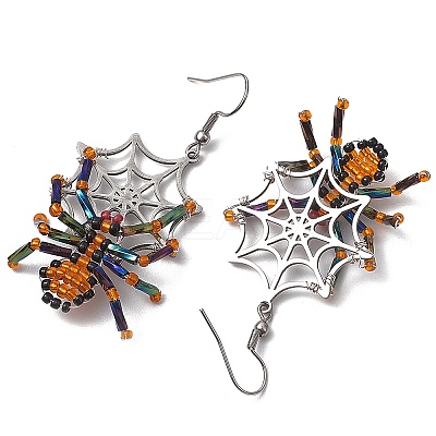 Halloween Braided Glass Seed Beads & 201 Stainless Steel Dangle Earrings EJEW-MZ00158-1