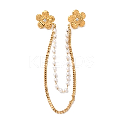 304 Stainless Steel Pave Clear Cubic Zirconia & ABS Pearl Flower Hanging Chain Brooch JEWB-S021-05G-1