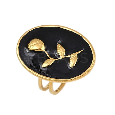 Oval with Rose Pattern 304 Stainless Steel Enamel Finger Rings for Women RJEW-G355-10G-1