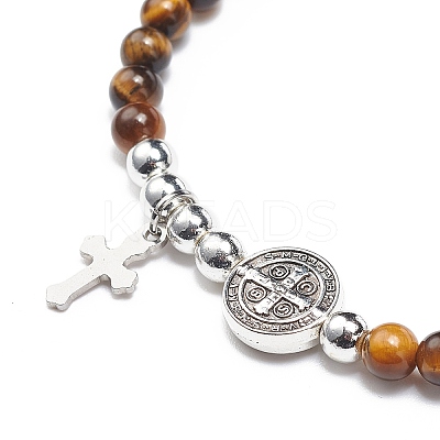 7Pcs 7 Style Natural Mixed Gemstone & Alloy Saint Benedict Medal Beaded Stretch Bracelets Set BJEW-JB08877-1