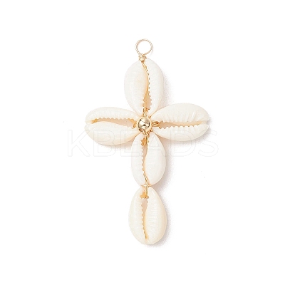 2Pcs 2 Colors Natural Cowrie Shell Beaded Cross Pendants PALLOY-JF03938-1