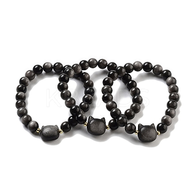 Round & Cat Head Natural Obsidian Beaded Stretch Bracelets for Women BJEW-K251-03F-1