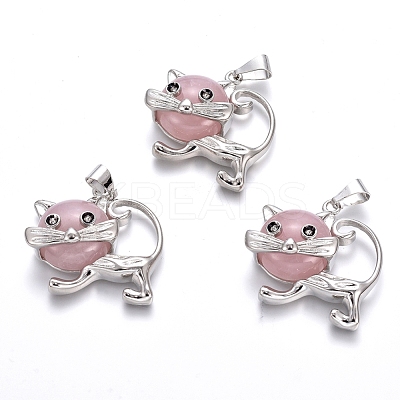 Natural Rose Quartz Kitten Pendants G-J386-C09-1