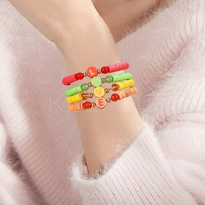 Handmade Polymer Clay Alphabet & Heishi Beads Stackable Stretch Bracelets Set BJEW-SZ0002-10-1