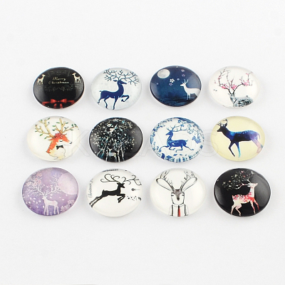 Half Round/Dome Christmas Reindeer/Stag Pattern Glass Flatback Cabochons for DIY Projects GGLA-Q037-12mm-40-1