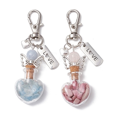 Natural Aquamarine & Rhodonite Chip inside Angel Wishing Bottle Pendant Decorations HJEW-JM02411-1