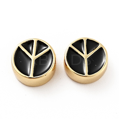 Flat Round with Peace Sign Brass Enamel Beads KK-G419-05G-05-1