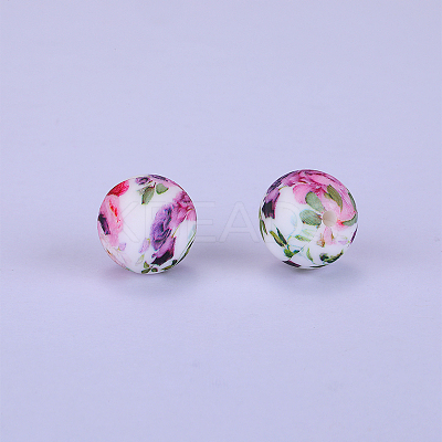 Printed Round with Flower Pattern Silicone Focal Beads SI-JX0056A-157-1
