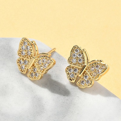 Butterfly Brass Micro Pave Clear Cubic Zirconia Stud Earrings EJEW-A132-07G-1