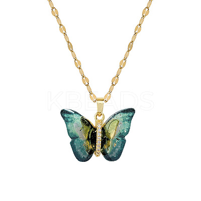 Brass Crystal Rhinestone Resin Glitter Butterfly Pendant 304 Stainless Steel Dapped Chain Necklaces for Women WG45291-01-1
